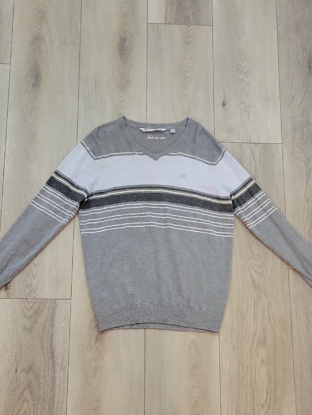 Travis Mathew Men's Gray V-Neck Sweater with White and Black Stripes